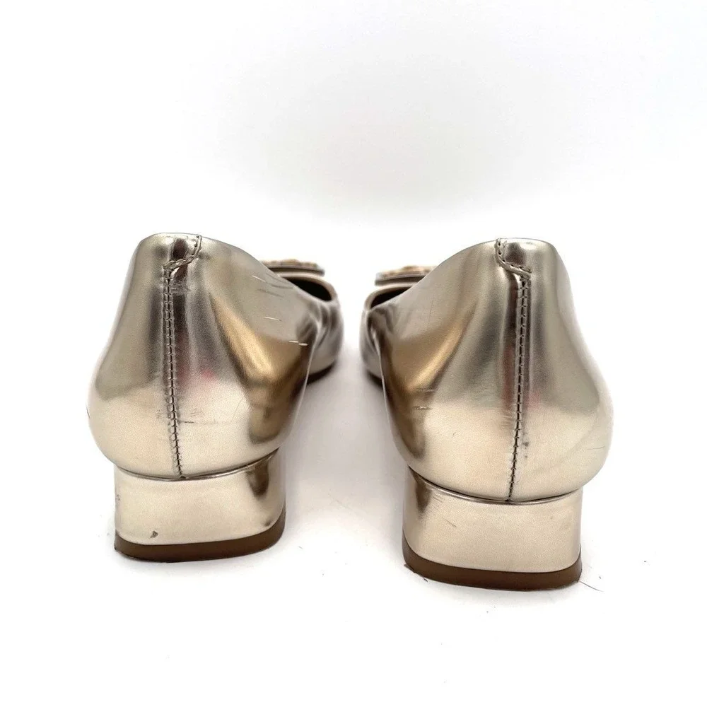 Tory Burch Gigi Block Heel Pumps Metallic Gold Leather Logo Shoes Women's 8M